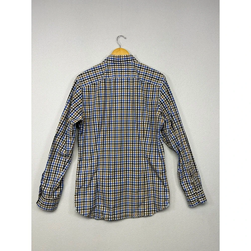 Business Casual Preppy Banana Republic Mens M Blue Brown Gingham Grant Fit Shirt
